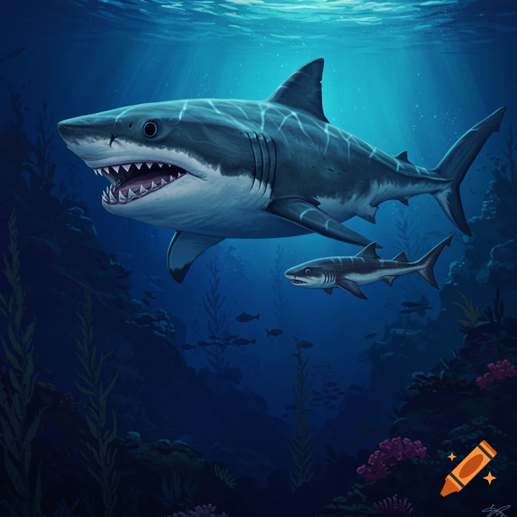 A large shark swims next to a smaller shark among coral and kelp underwater.