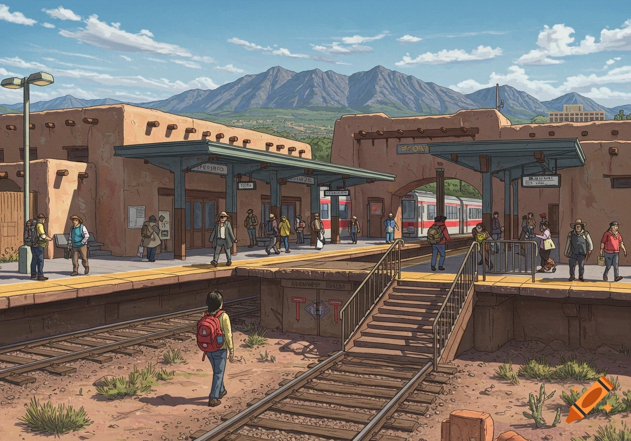 Illustration of a train station in a desert landscape with people and mountains in the background.
