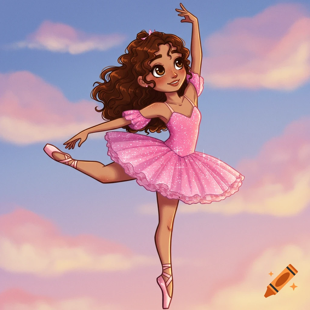 Cartoon illustration of a girl ballerina in a pink dress dancing against a  cloudy sky on Craiyon, image size:1024x1024
