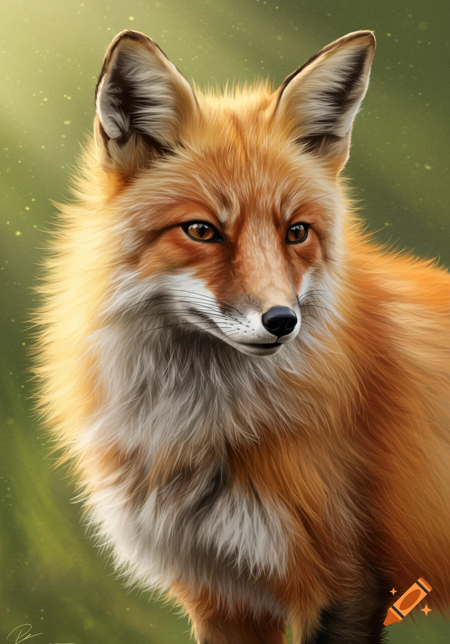Close-up digital painting of a red fox with glowing eyes in sunlight.