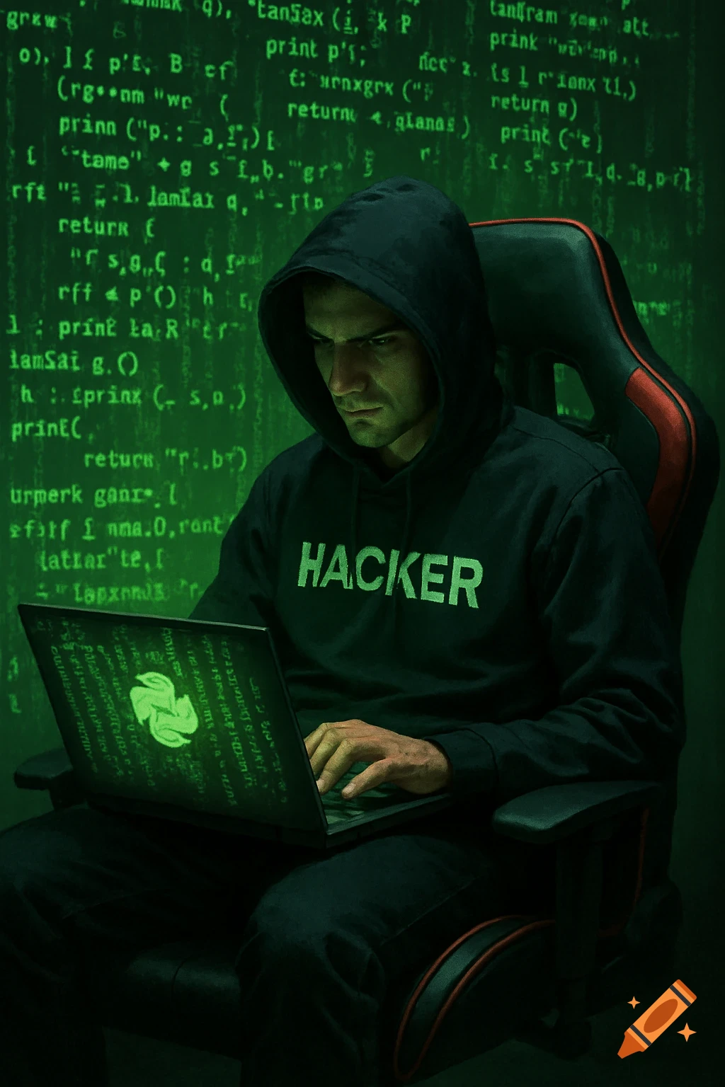 A person in a black hoodie with "HACKER" written on it sits in a gaming chair, typing on a laptop with green code on the screen. More green code is displayed on the wall behind them.