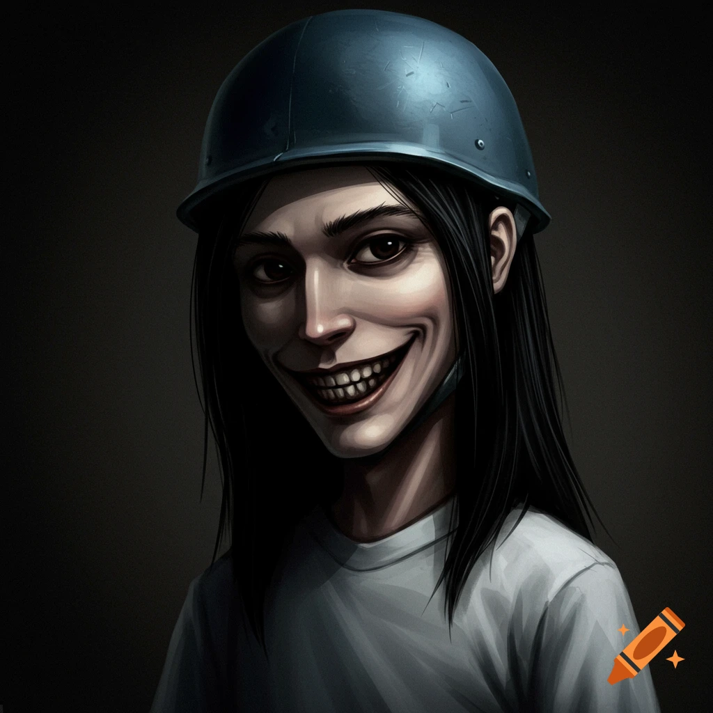 A stylized portrait of a person with long black hair, blue helmet, white shirt, dark eyes, and a wide, creepy smile with many teeth.