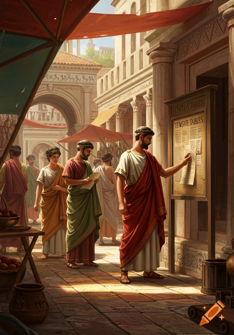 Roman figures in togas look at a sign in a busy marketplace street scene, detailed illustration