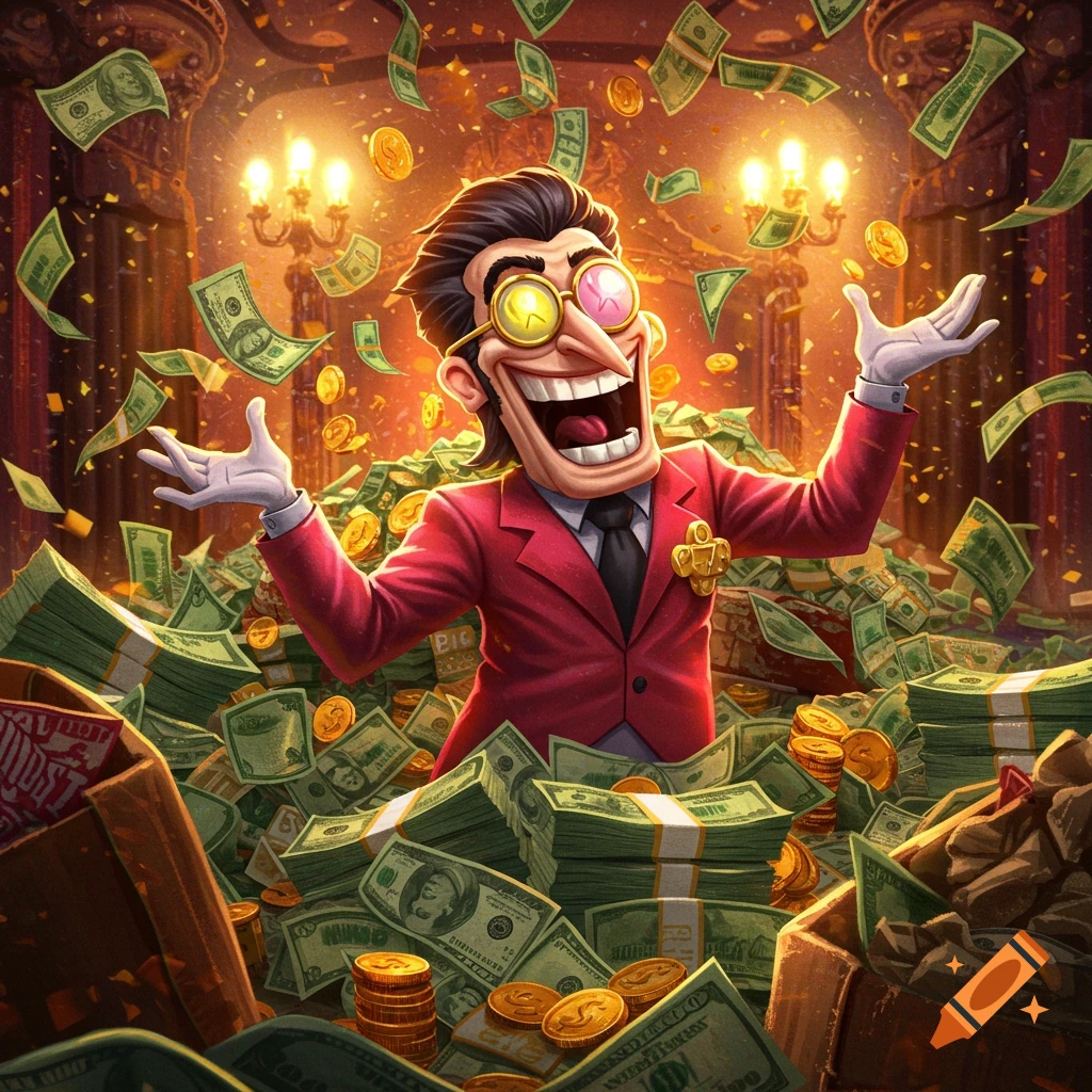 Cartoon character Spamton G. Spamton celebrating in a room filled with falling and piled money and gold coins.