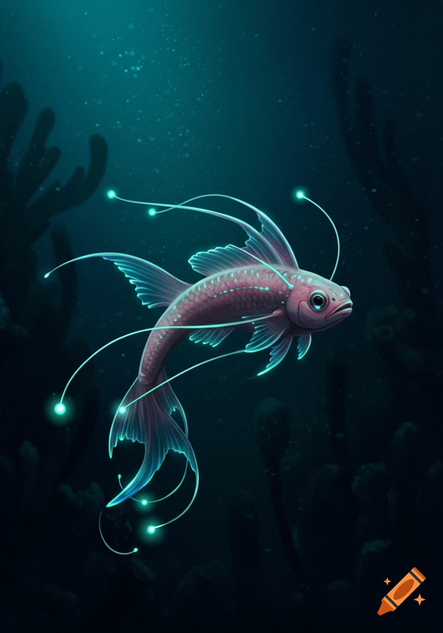 A fantastical deep-sea fish with bioluminescent tendrils swimming in dark water.