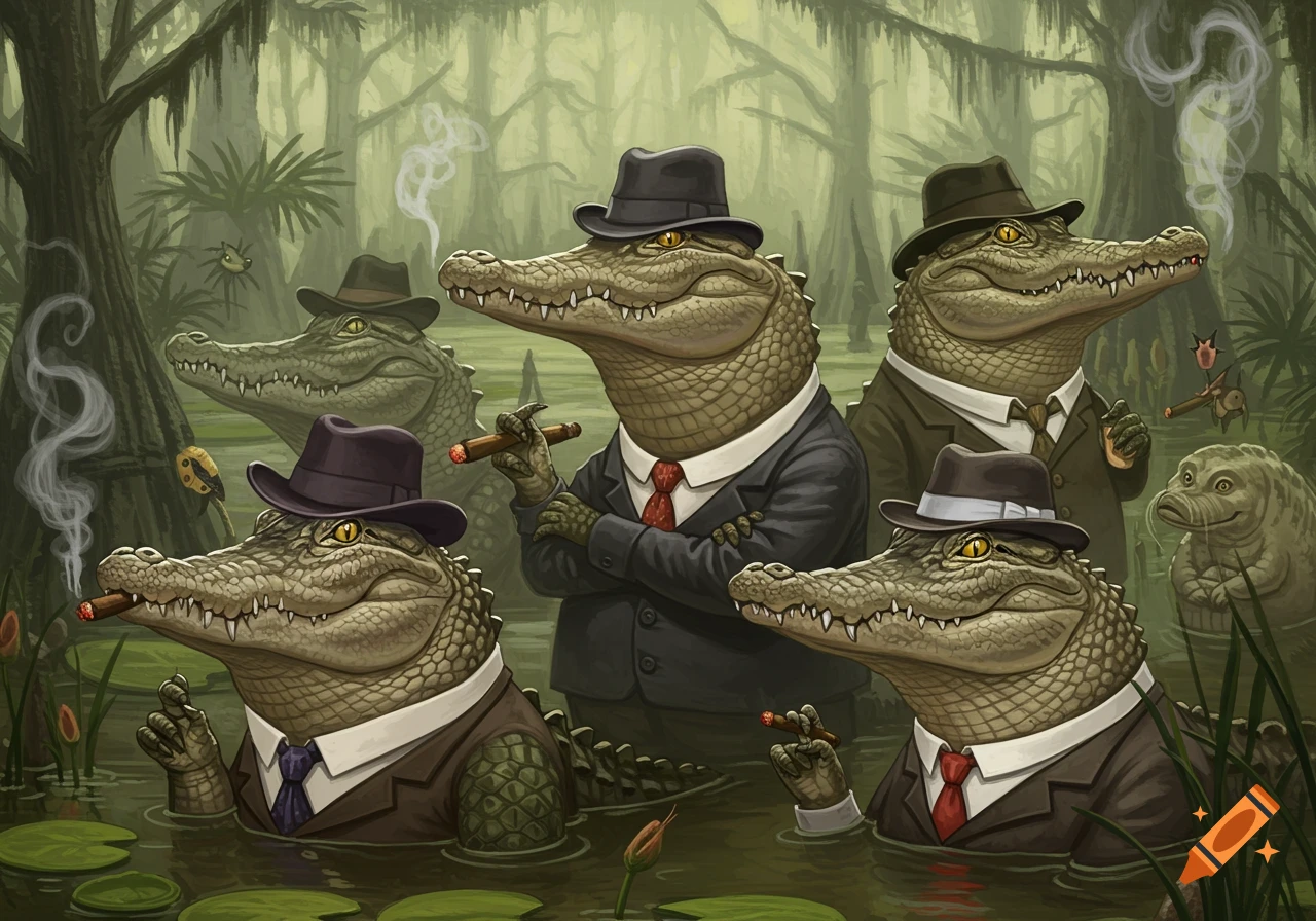 Several alligators in suits and hats smoke cigars in a swamp, digital painting.