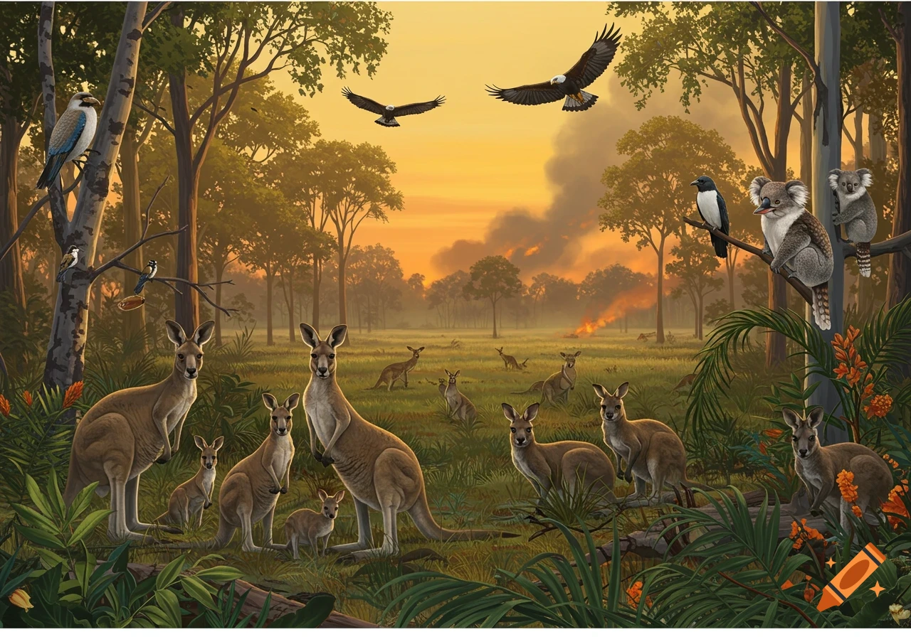 Australian wildlife including kangaroos, koalas, and birds in a forest with a distant fire at sunset, illustration style.