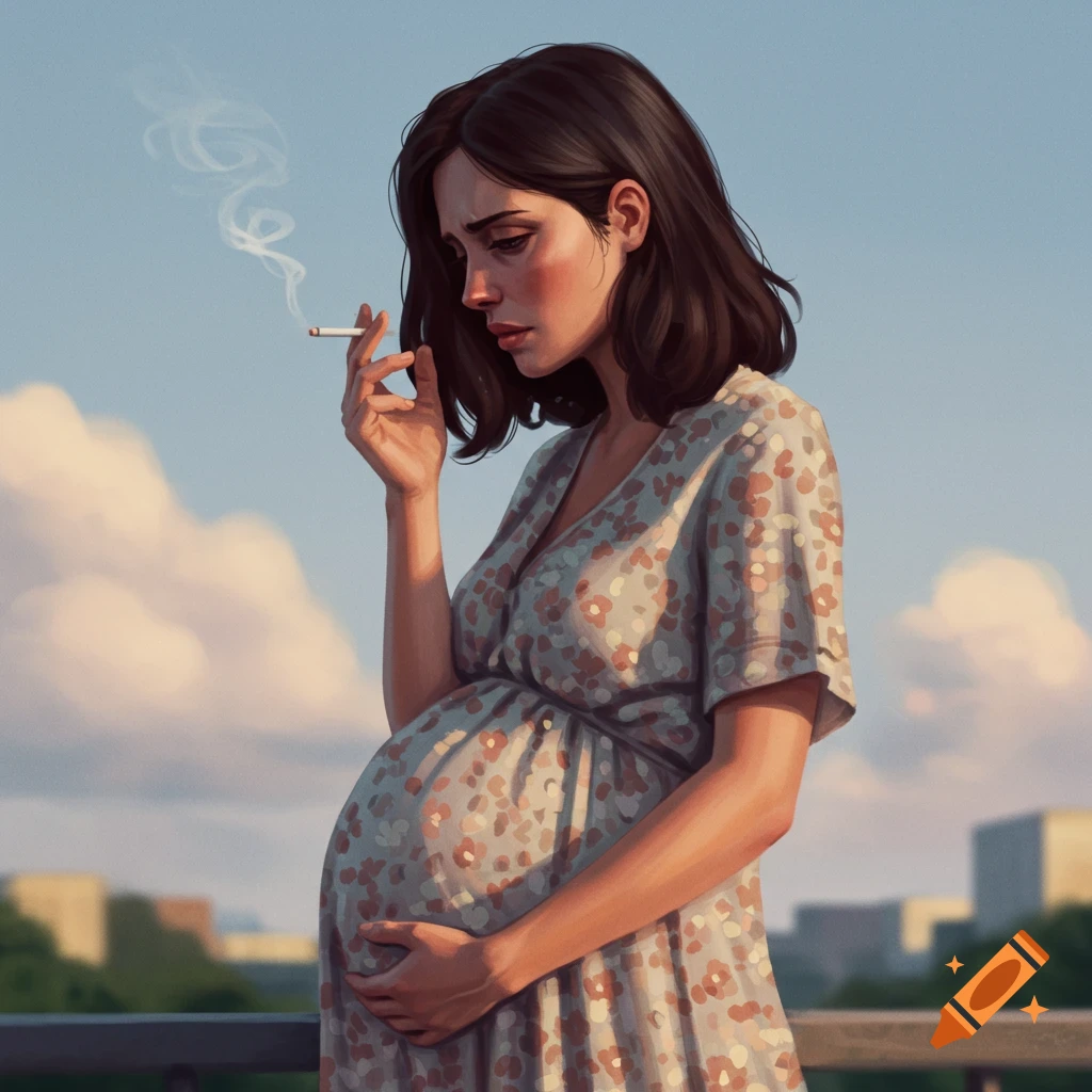 Illustrative portrait of a pregnant woman in a floral dress smoking outdoors.