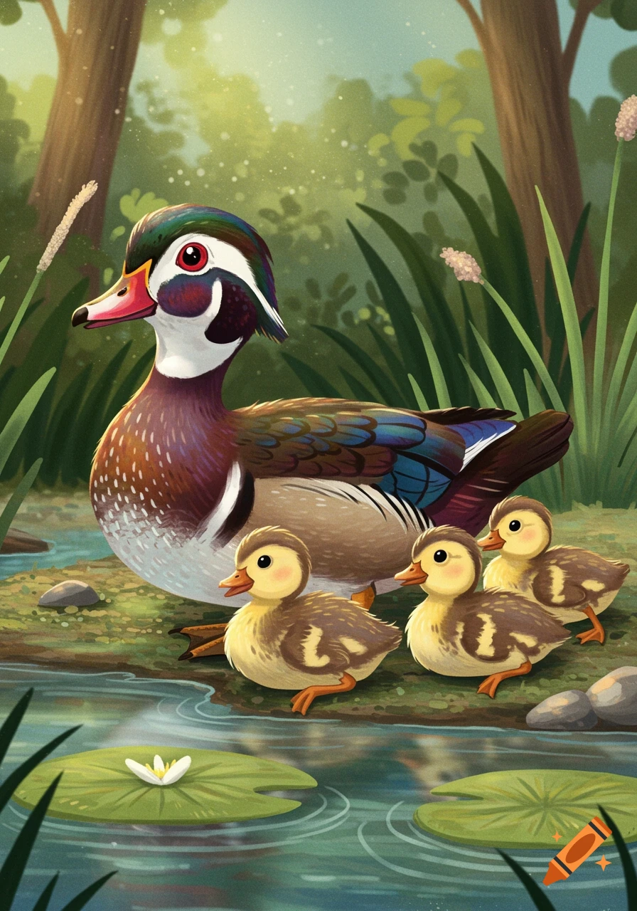 Illustration of a female wood duck with ducklings by a pond