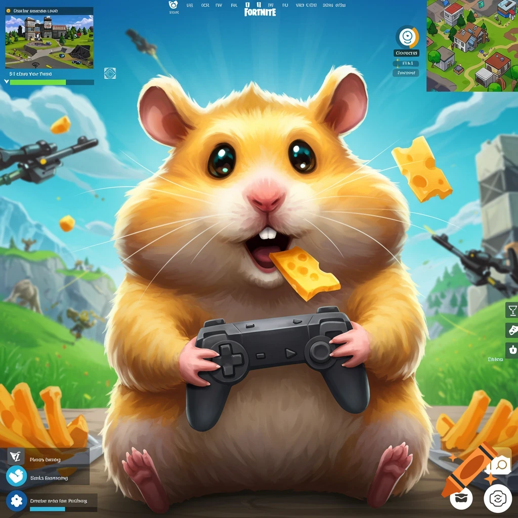 A fluffy hamster plays a video game controller, eating cheese, with a Fortnite-like background.