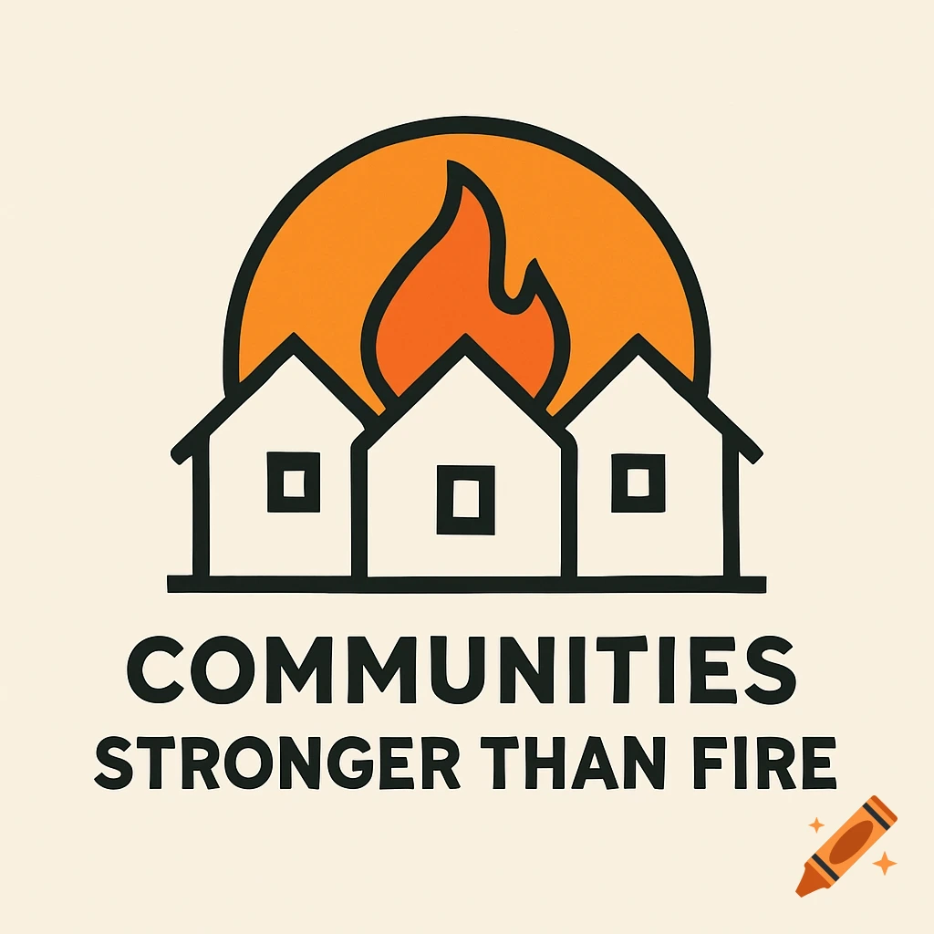 Vector logo with houses, flame, and text 'COMMUNITIES STRONGER THAN FIRE'.