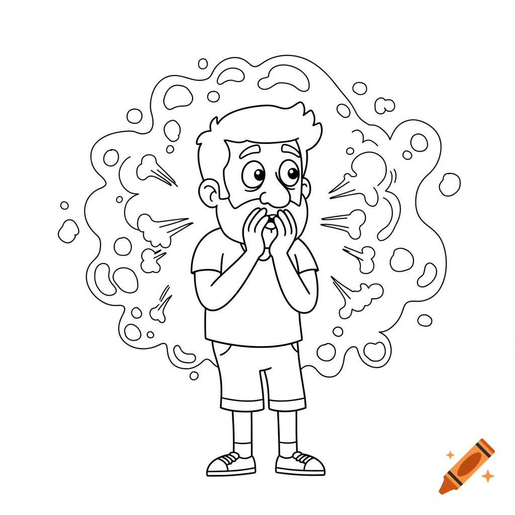 Coloring page line art of a man holding his nose reacting to a bad smell.