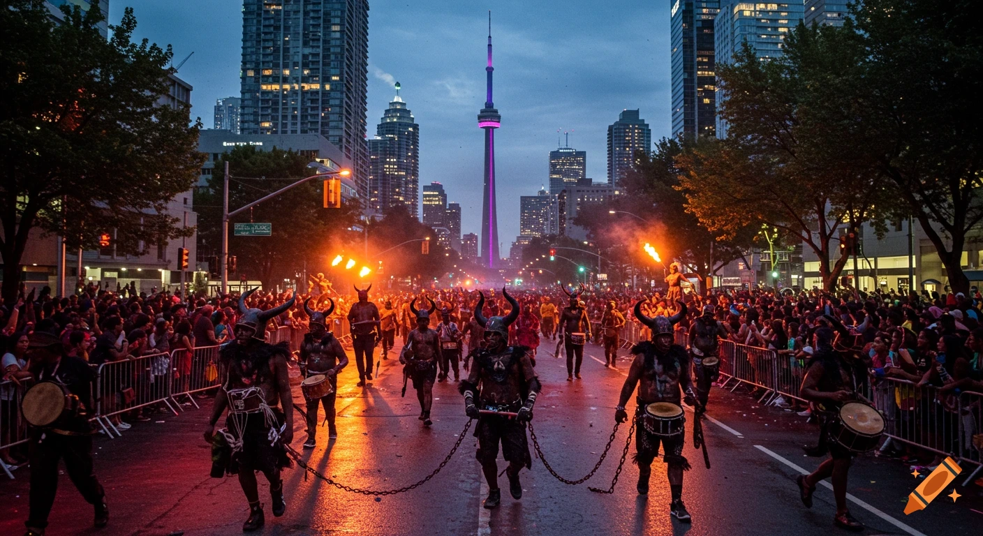 A street parade at dusk with people in dark costumes featuring horns and chains, drumming, set against a city skyline with a tall tower.