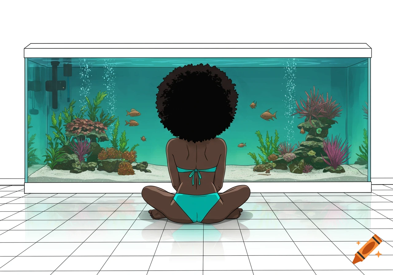 A cartoon illustration of a woman with an afro sitting facing away from the viewer in front of a large fish tank.