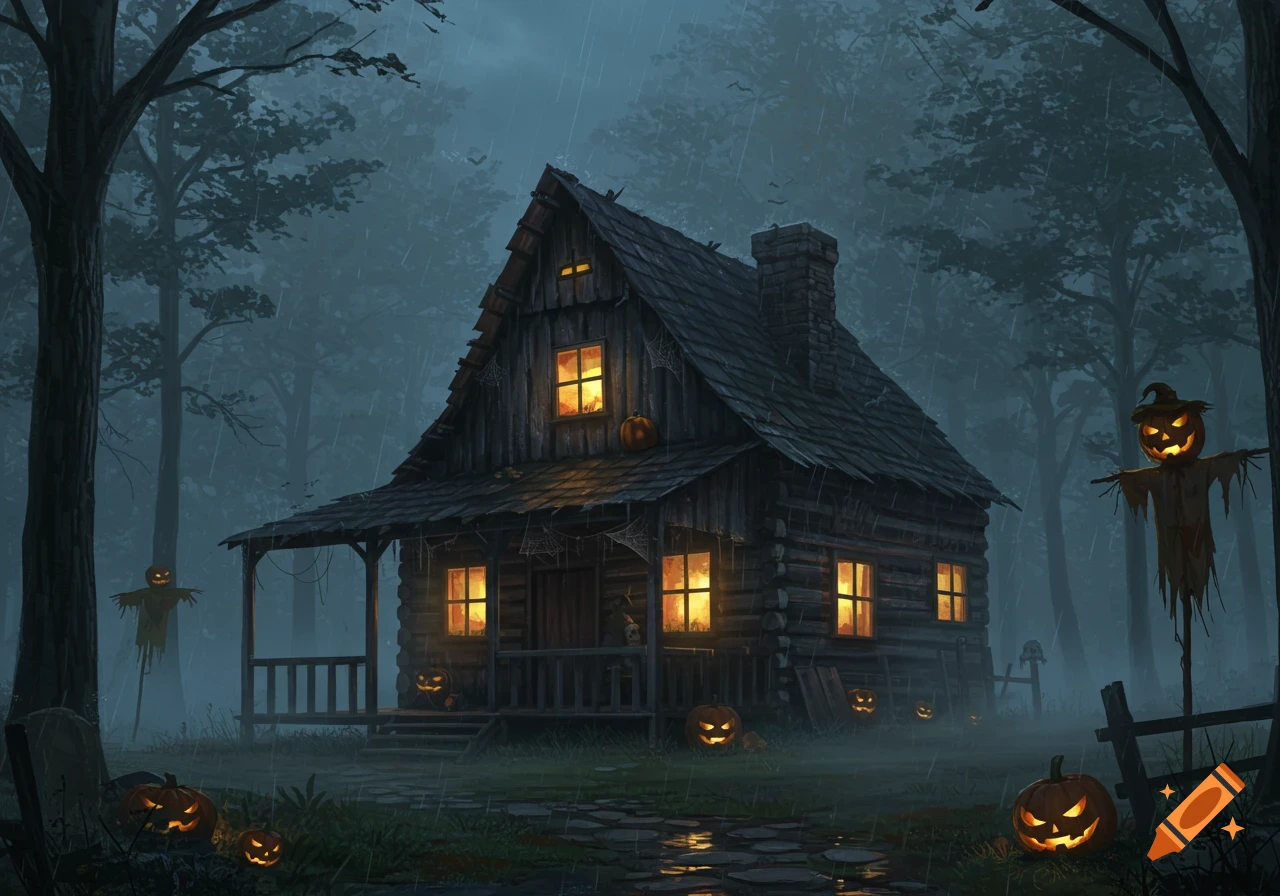 Spooky Halloween scene of a log cabin with glowing windows, jack-o'-lanterns, and scarecrows in a dark, rainy forest.