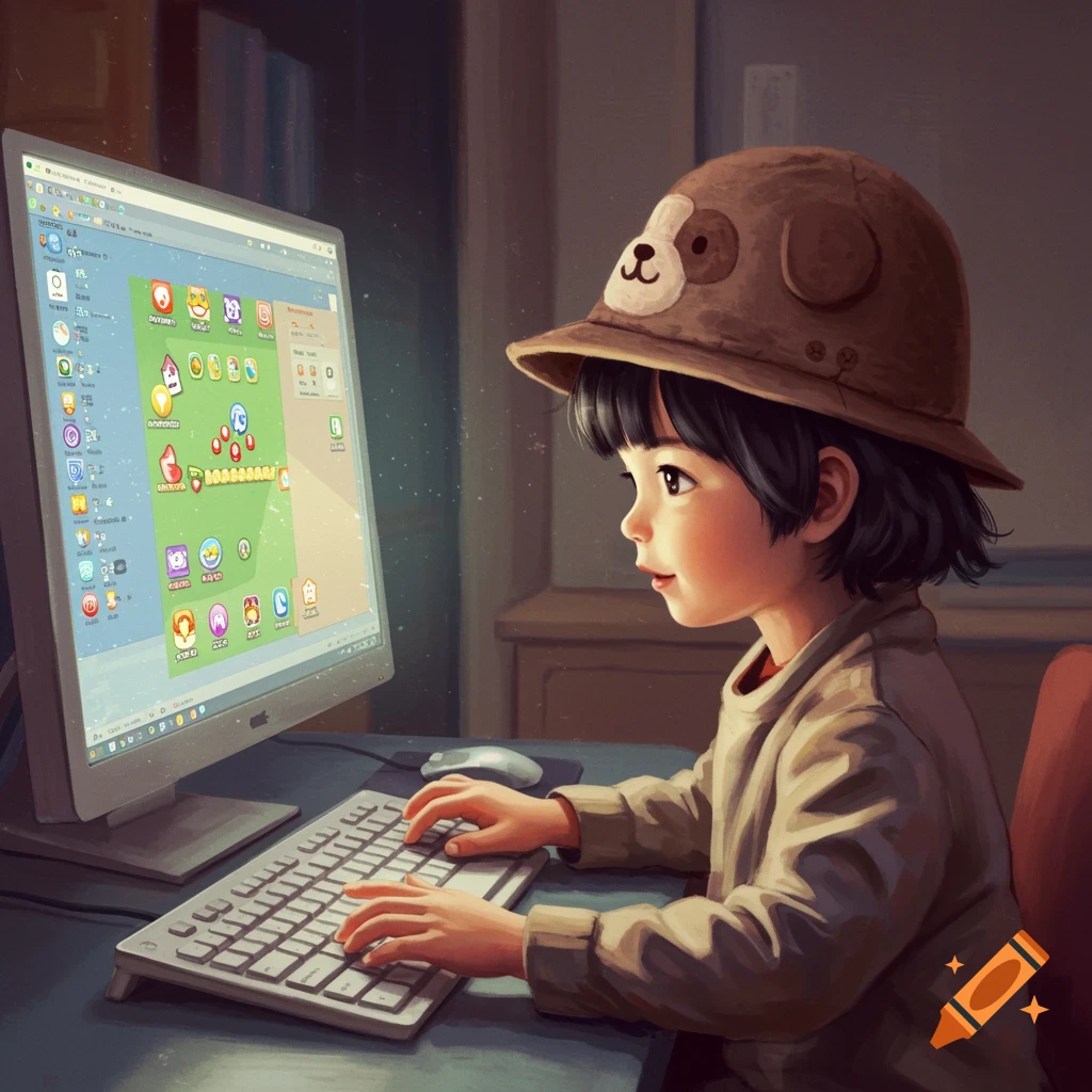 A young child wearing a brown hat with a dog face looks at a computer screen, hands on the keyboard.