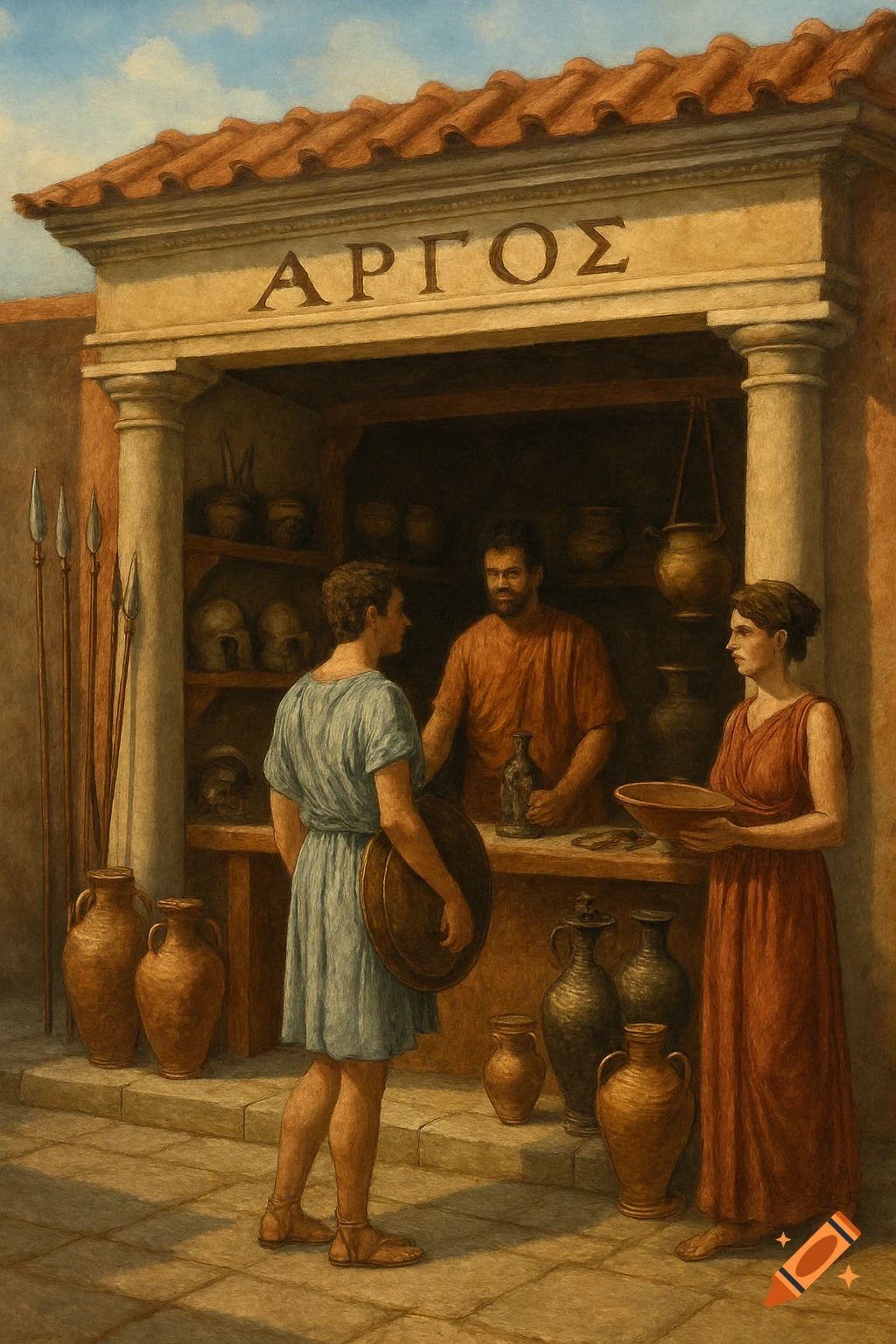 Painting of people at the shop Argos in ancient Greece