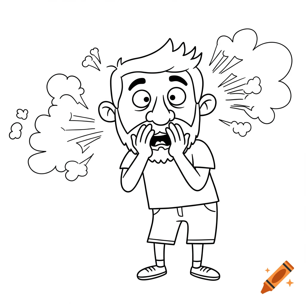 Cartoon line drawing of a man reacting with disgust to a bad smell, hands covering his mouth.
