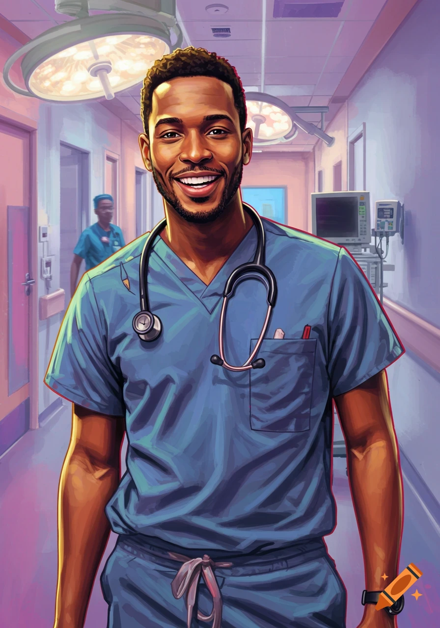 Smiling man in blue scrubs and stethoscope in a hospital hallway