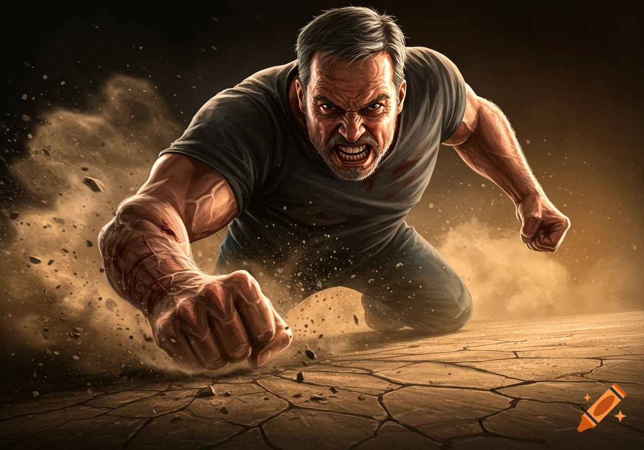 An angry man with a beard slams his fist into cracked ground, kicking up dust in dramatic lighting.