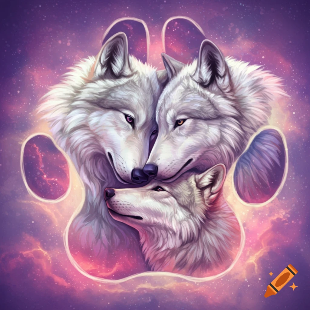 Three wolves portrait stylized within a glowing paw print shape against a cosmic background.
