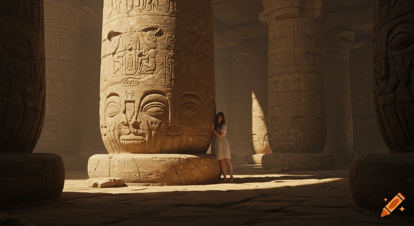 Woman stands next to a massive carved pillar in a sunlit ancient temple