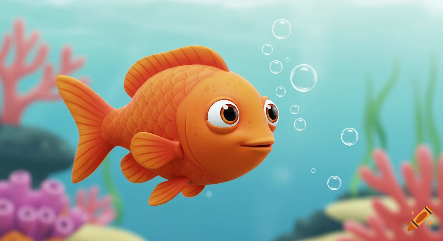 A cute cartoon goldfish swims underwater with bubbles and coral.