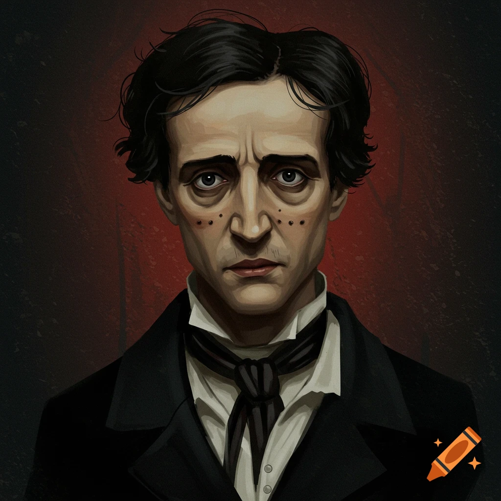 Stylized portrait of a man resembling Edgar Allan Poe wearing a suit and cravat.