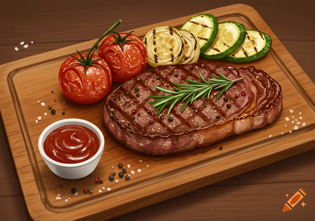 Steak dinner on a wooden board with tomatoes, grilled zucchini and onions, and sauce.