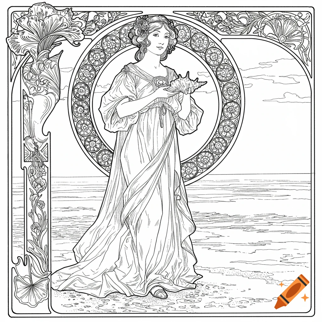 Black and white Art Nouveau coloring page of a woman on a beach holding a seashell