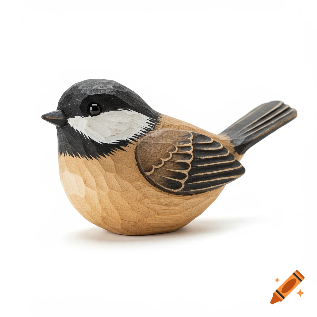 A carved wooden chickadee against a white background.
