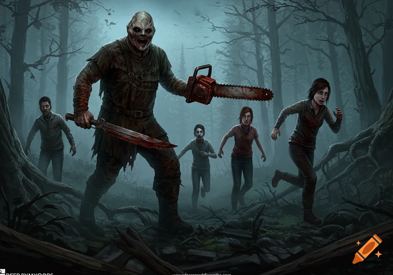 Monster with chainsaw and knife chases people through a dark forest.