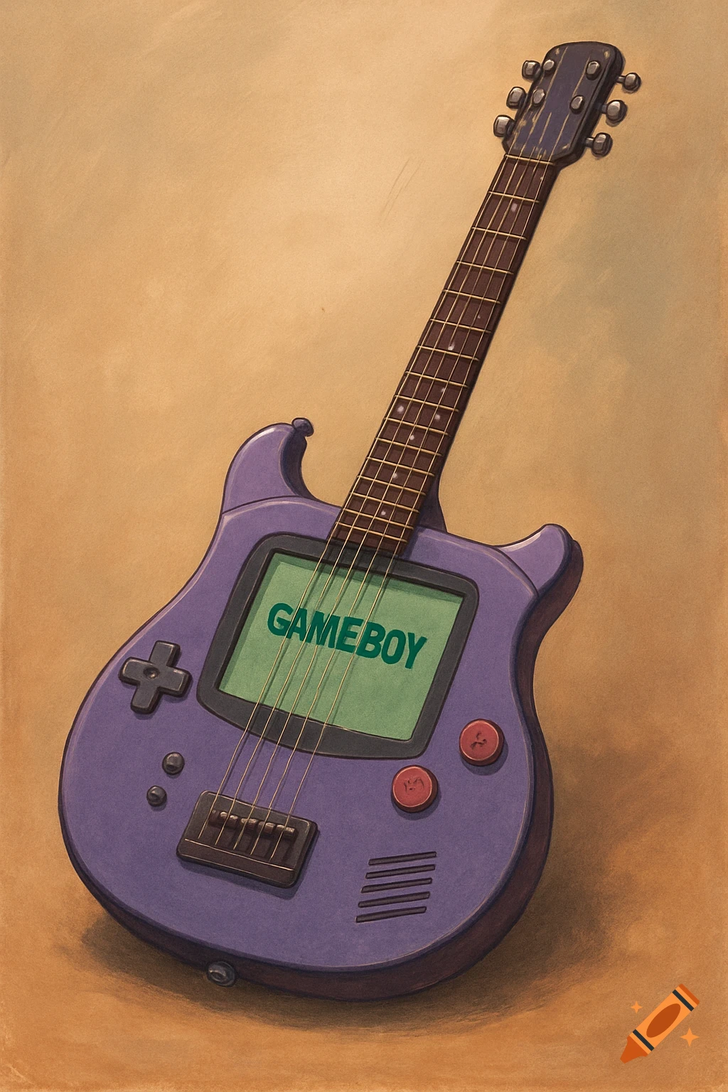 A purple electric guitar shaped like a Nintendo Game Boy, with 'GAMEBOY' displayed on the screen.