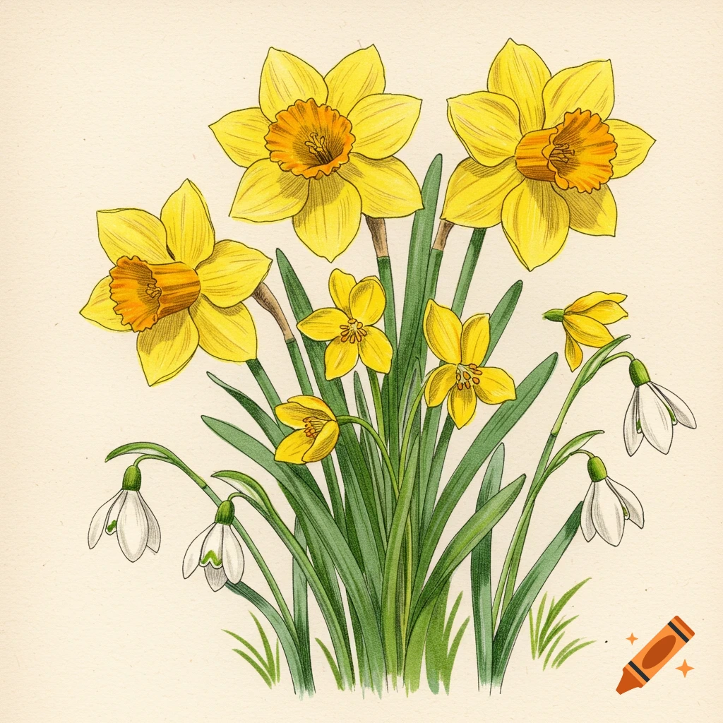 Botanical drawing of yellow daffodils, jonquils, and white snowdrops.