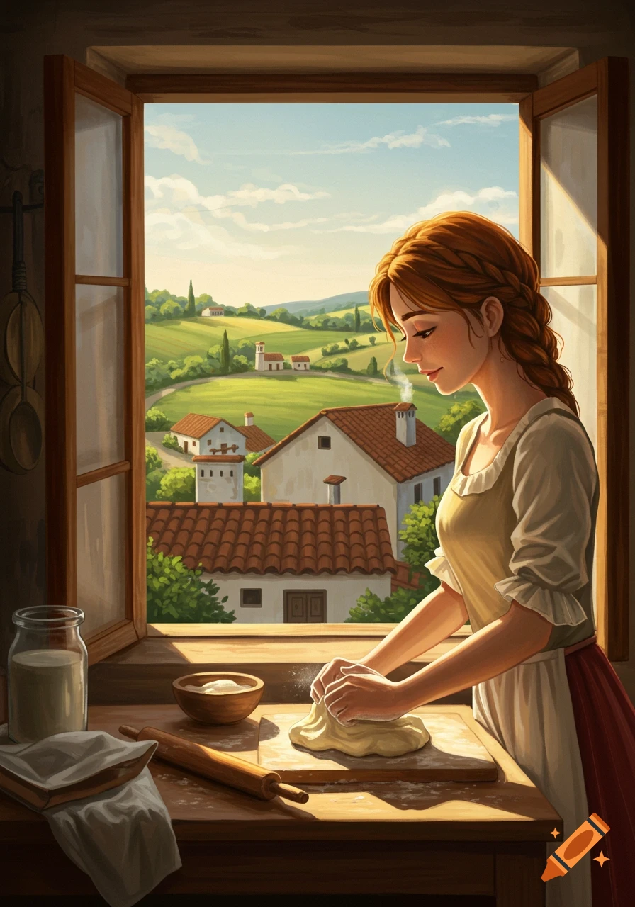 A woman kneads dough by a window overlooking a village, in a painterly illustration style.