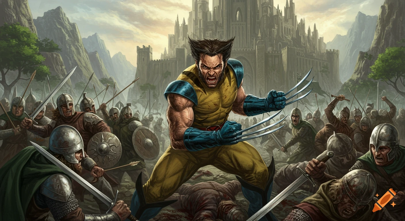 Wolverine battles medieval soldiers in a fantasy landscape with a large castle.