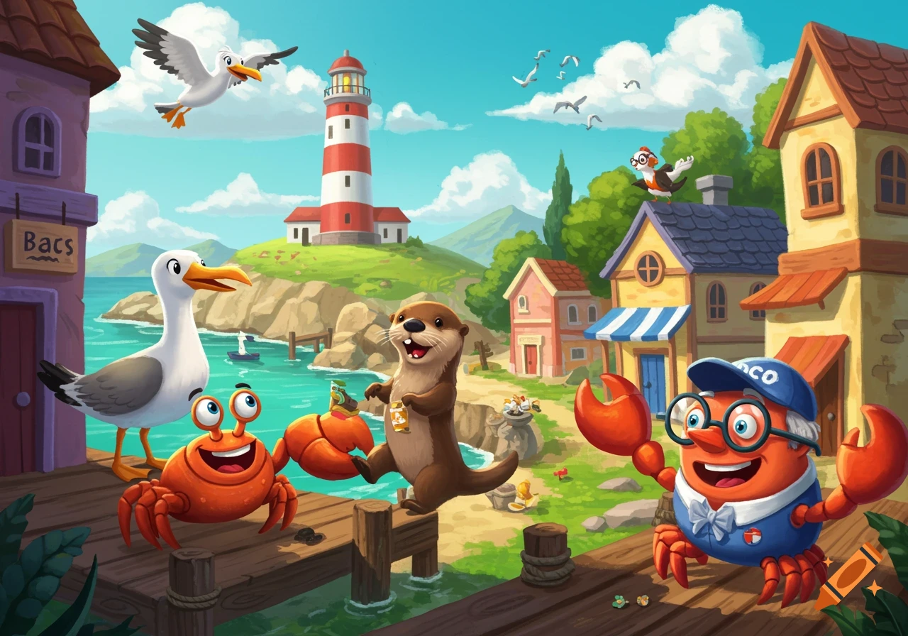 Cartoon animals on a pier in a coastal village with a lighthouse.