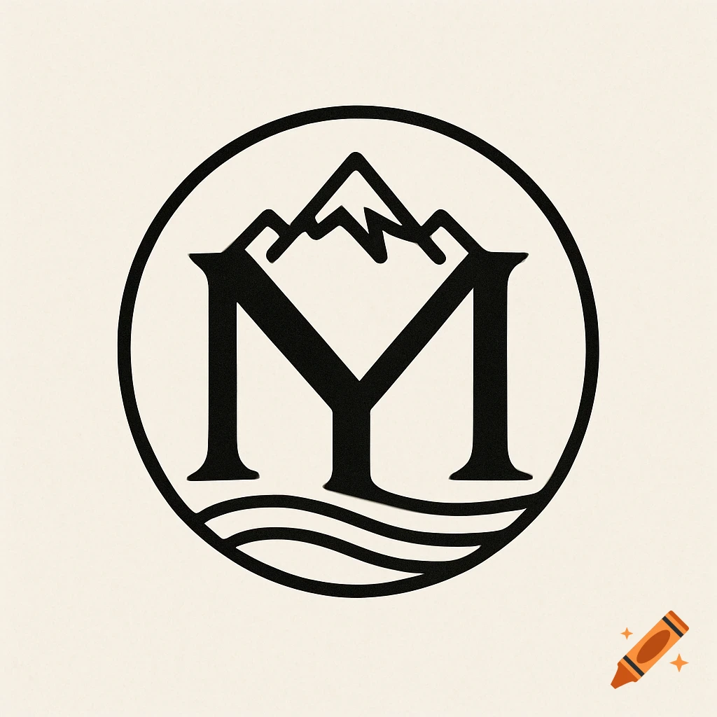 Black and white monogram logo using M and Y to form a mountain and water in a circle.