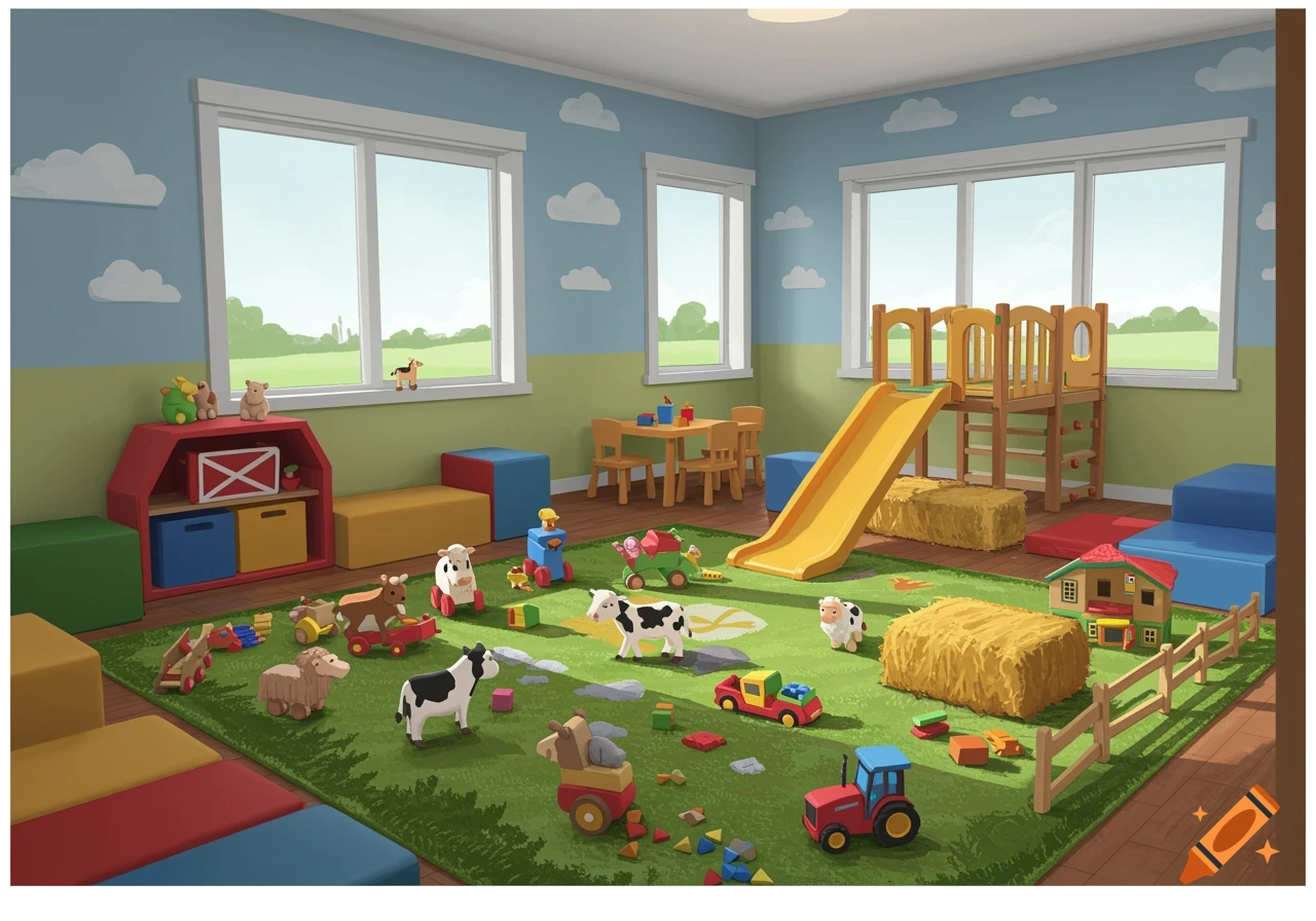 A bright, organized playroom filled with farm animal toys, blocks, furniture, and a slide.