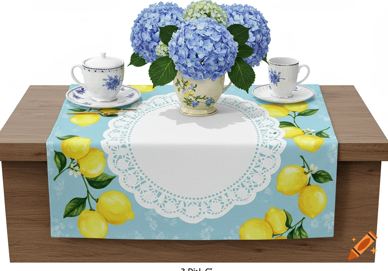 Table with blue runner with lemons, white doily, blue hydrangeas in vase, and teacups.