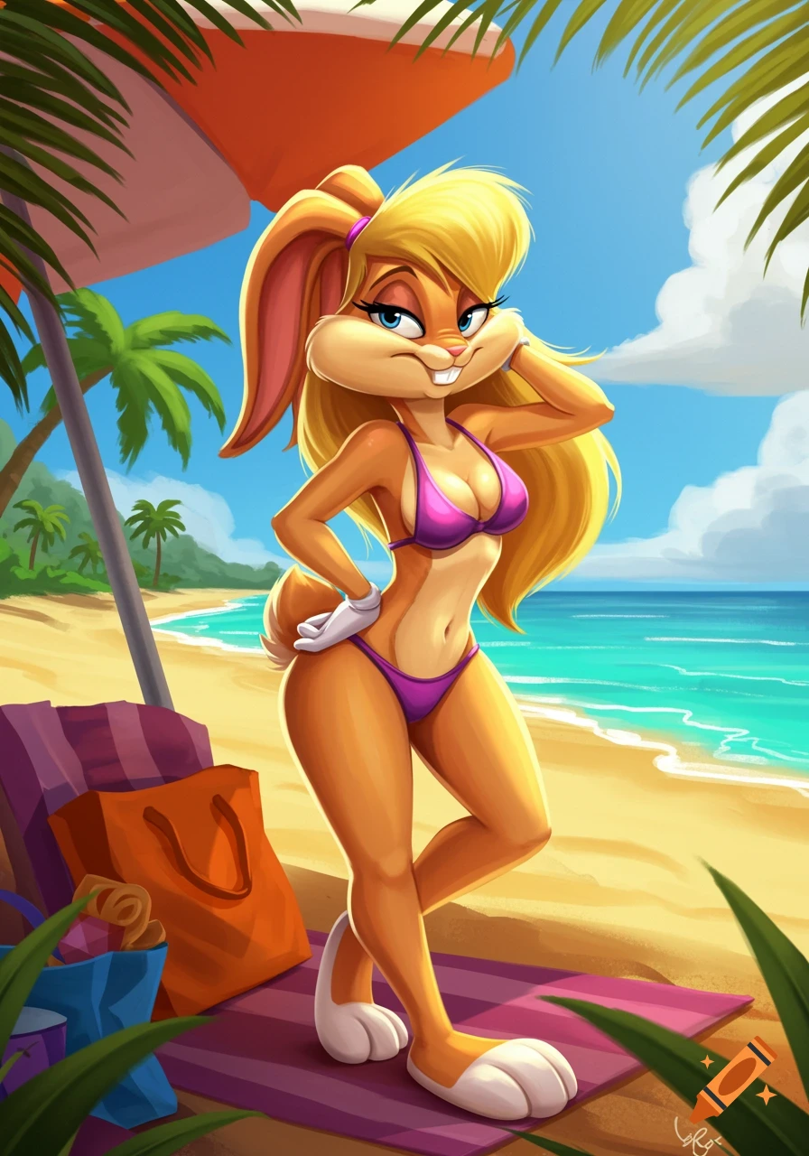 Illustration of Lola Bunny in a bikini standing on a beach near an umbrella