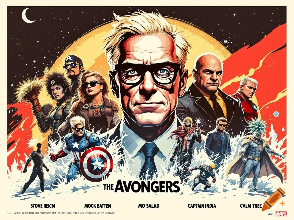A parody superhero poster in a comic book style featuring a team of characters called The Avoongers, led by a man in a suit and glasses.