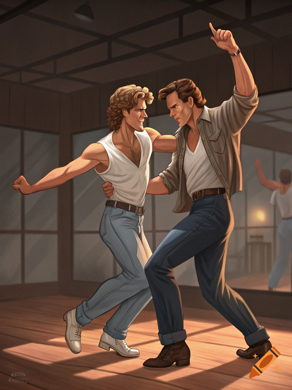 Two muscular men dancing in a studio, one resembling Patrick Swayze and the other Arnold Schwarzenegger.