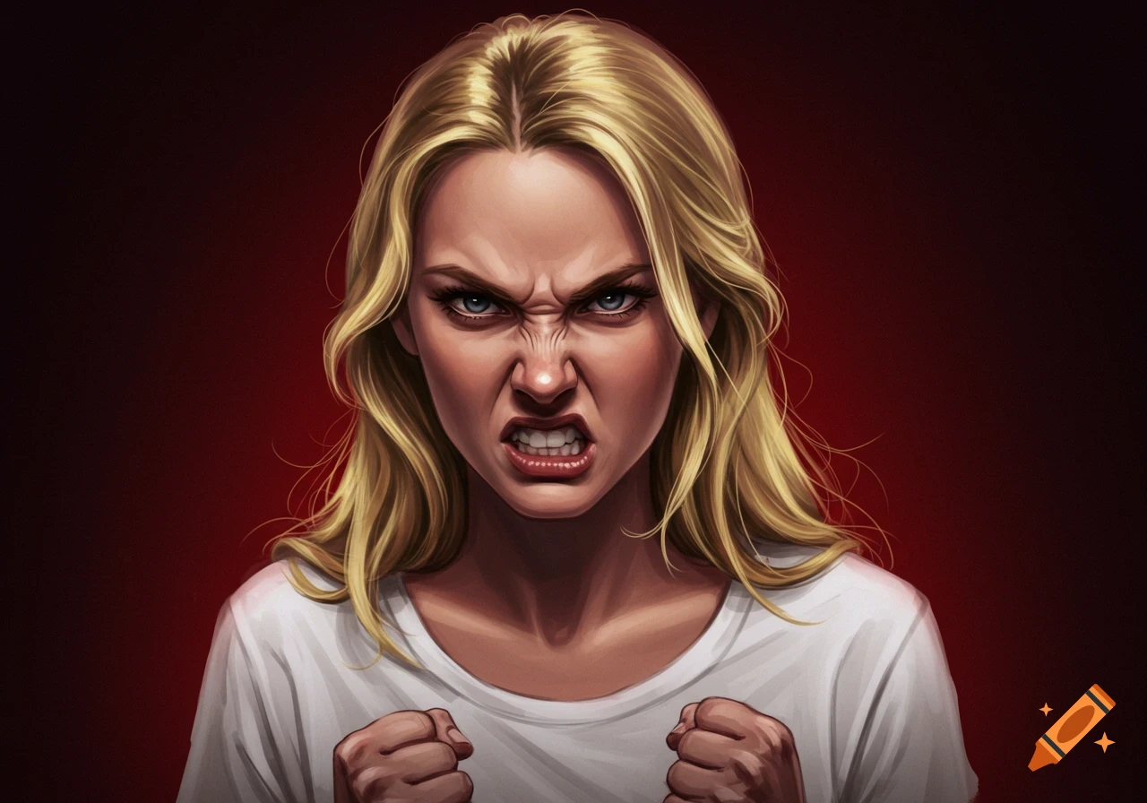 Close-up portrait of an angry blonde woman with clenched fists.