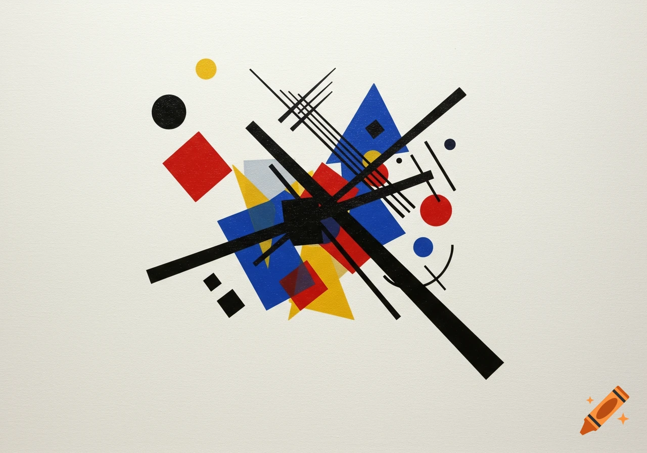 Abstract composition of geometric shapes and lines in primary colors on a white background.
