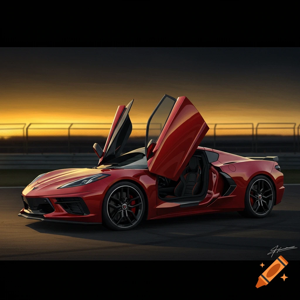 A red C8 Corvette with its gull-wing doors open sits on a race track at sunset.