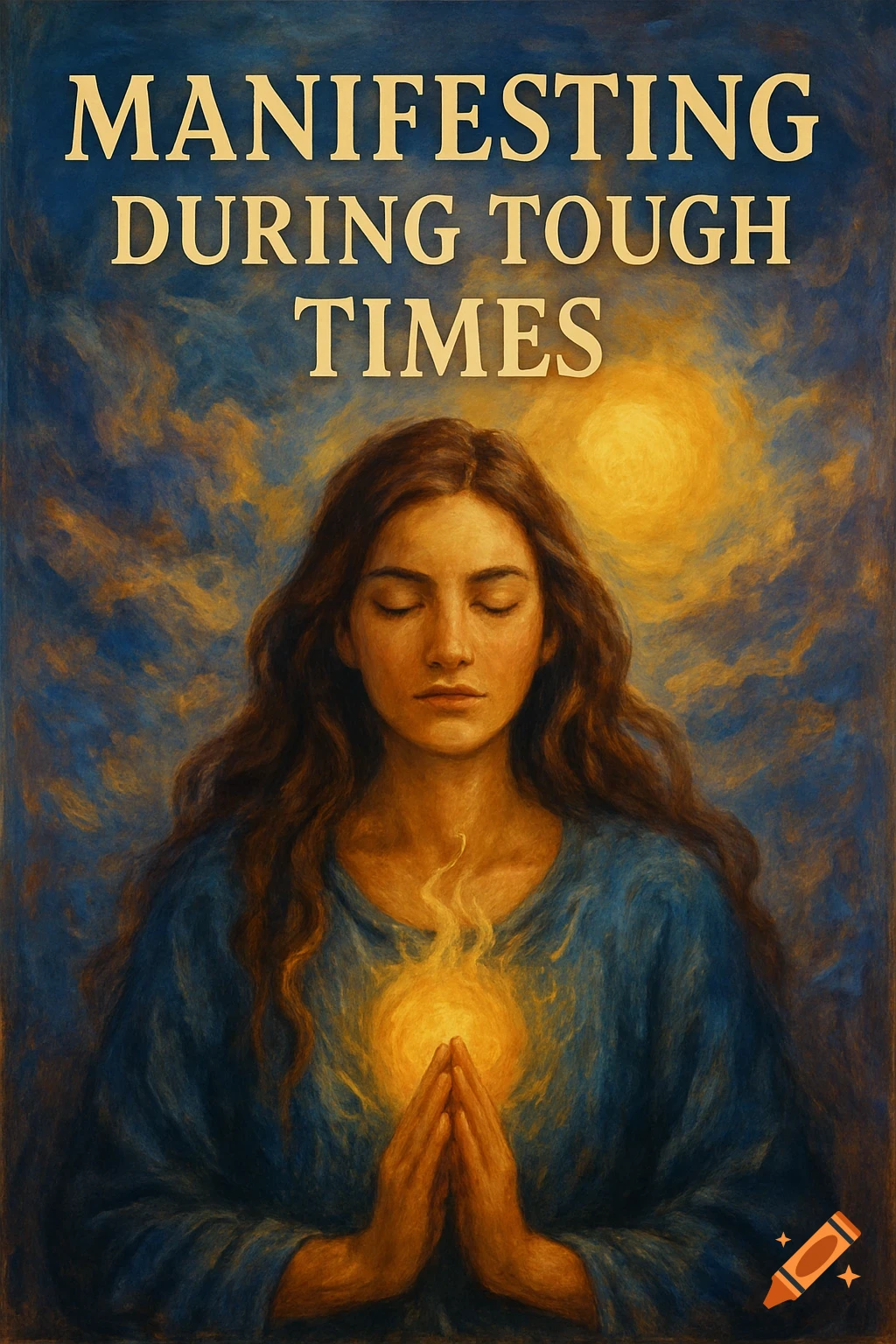 A painterly illustration of a woman meditating with glowing light in her hands. Text reads "MANIFESTING DURING TOUGH TIMES".