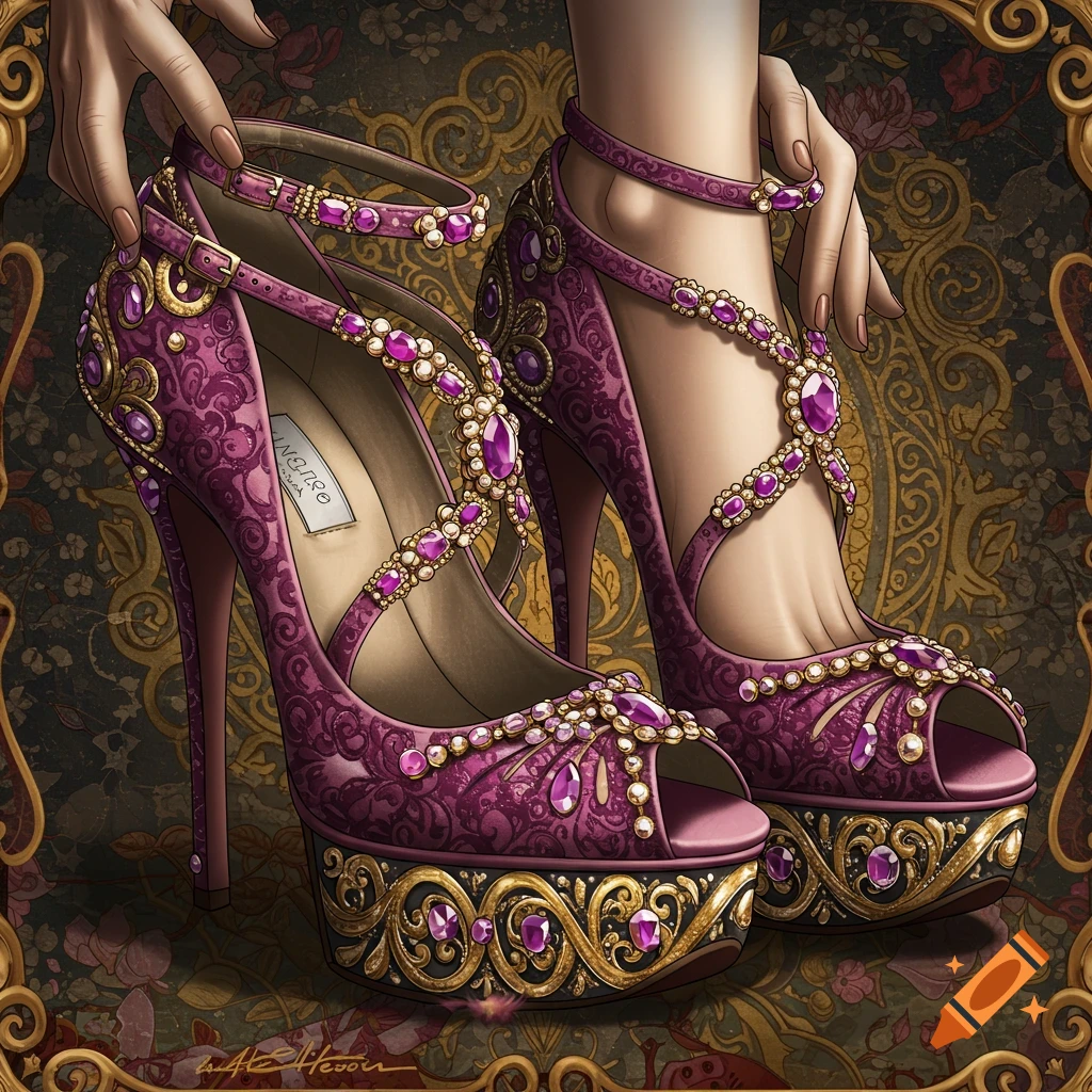 Purple high-heeled shoes with gold accents and jewels, held by hands.