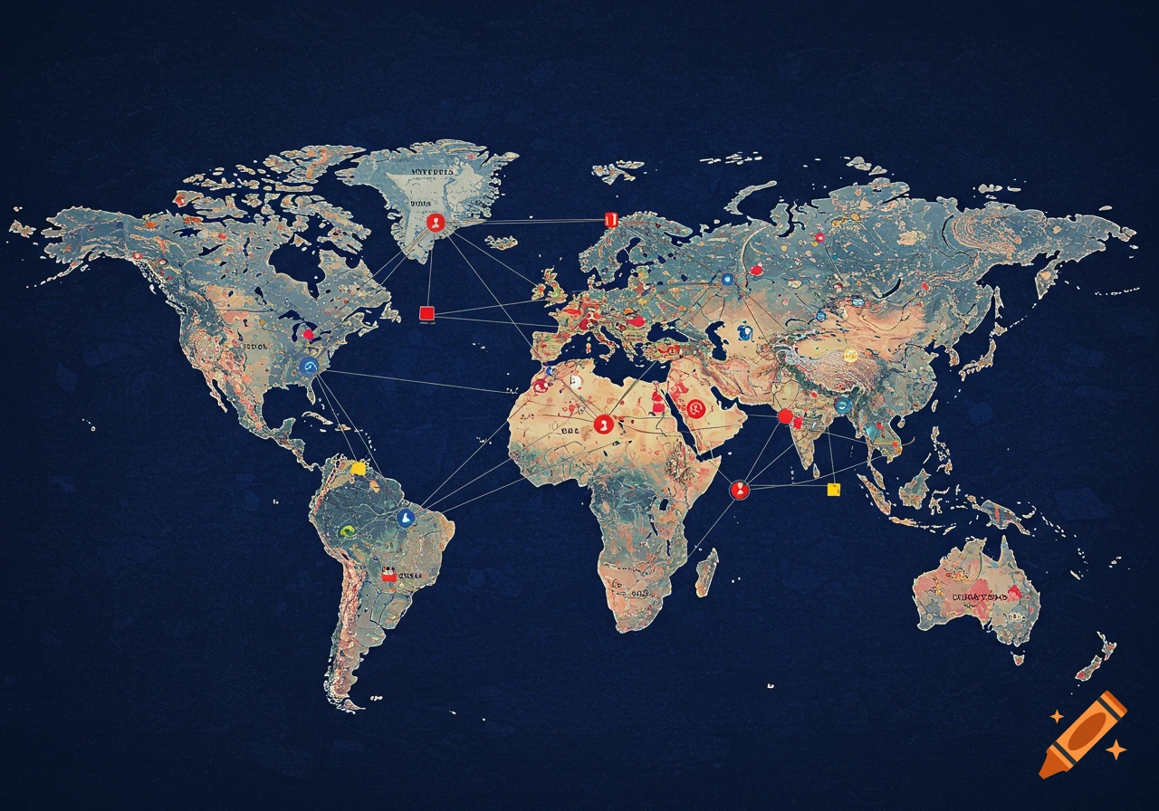 A stylized world map showing a network of connections like a spider web.