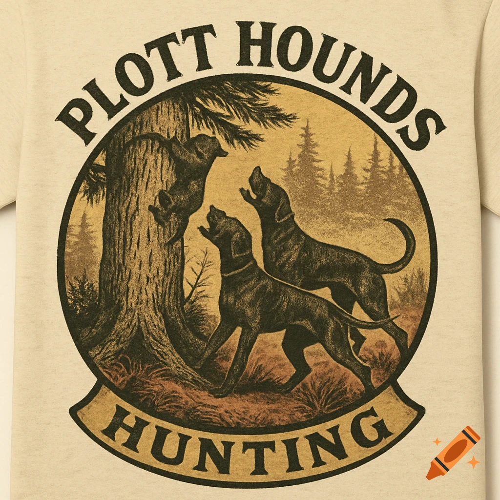Vintage-style logo featuring three Plott Hounds, one climbing a tree, barking below it. Text reads "PLOTT HOUNDS HUNTING".